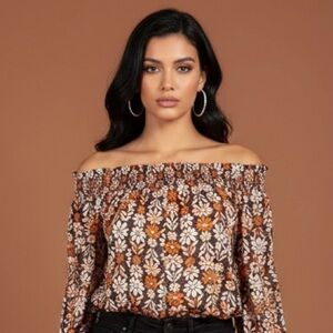 EUC Ryegrass SZ S Blac/white/pink/rust oof-shoulder blouse w/ 3/4 length sleeve